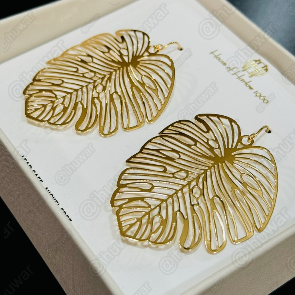 HOUSE OF HARLOW 1960 Gold Tone Palm Leaf Dangle Earrings - Picture 6 of 13
